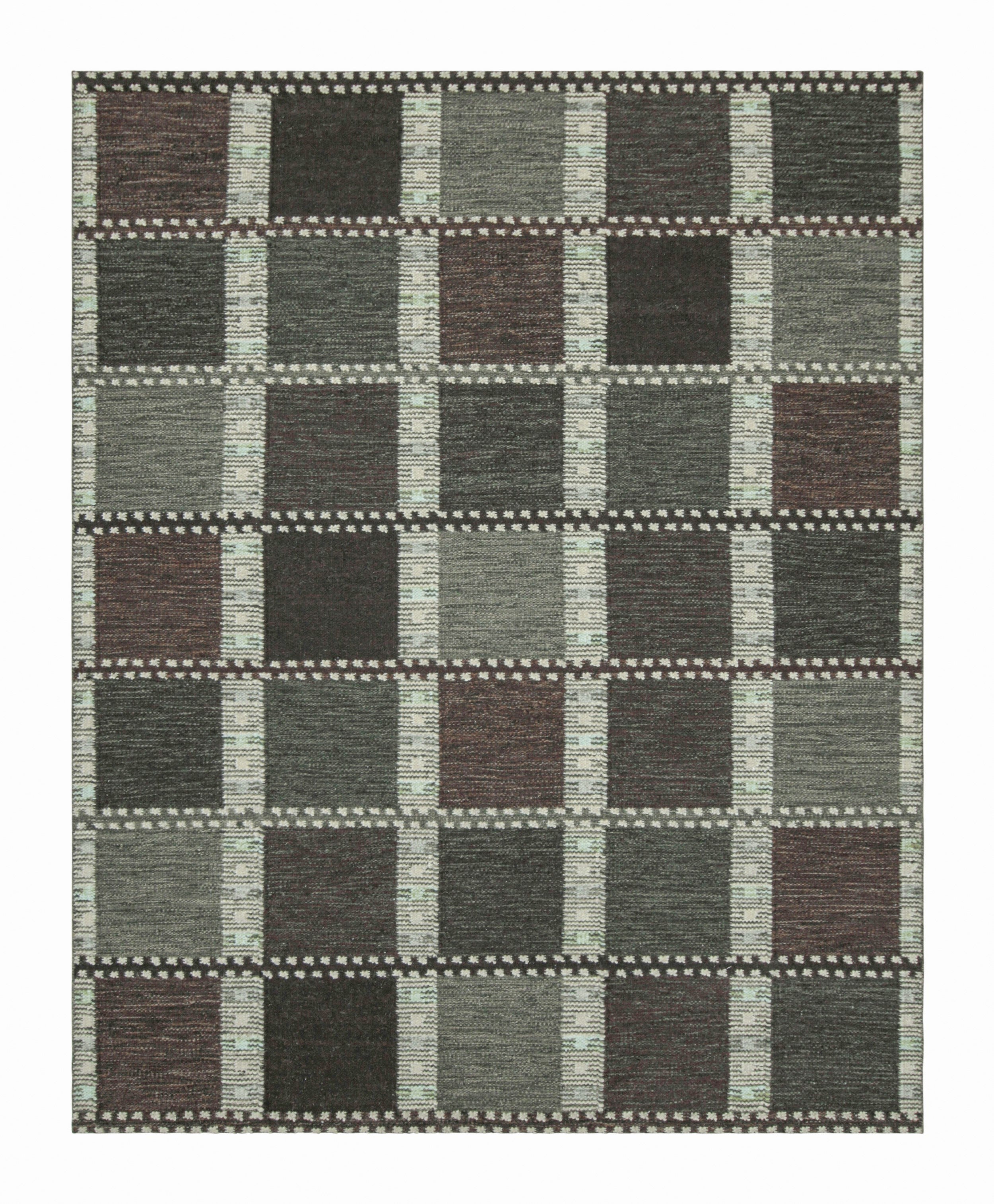 Rug & Kilim's Teppich im skandinavischen Stil mit lila und blaugrünen geometrischen Mustern