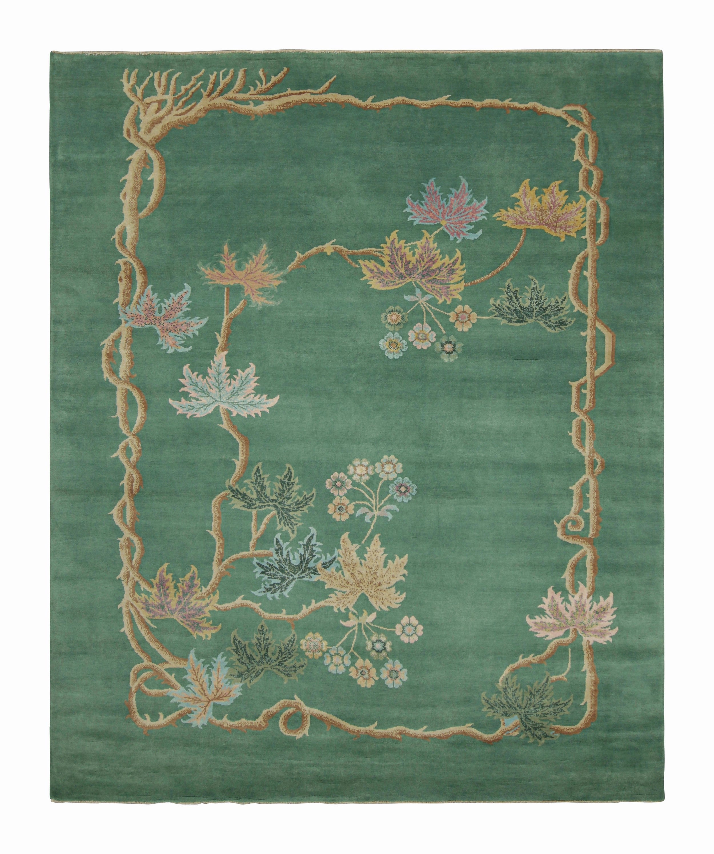Rug & Kilim’s Chinese Art Deco Style Rug, Forest Green with Floral Patterns