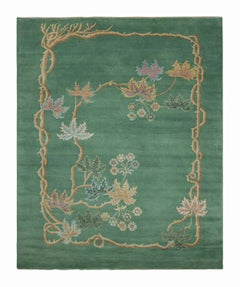 Rug & Kilim’s Chinese Art Deco Style Rug, Forest Green with Floral Patterns