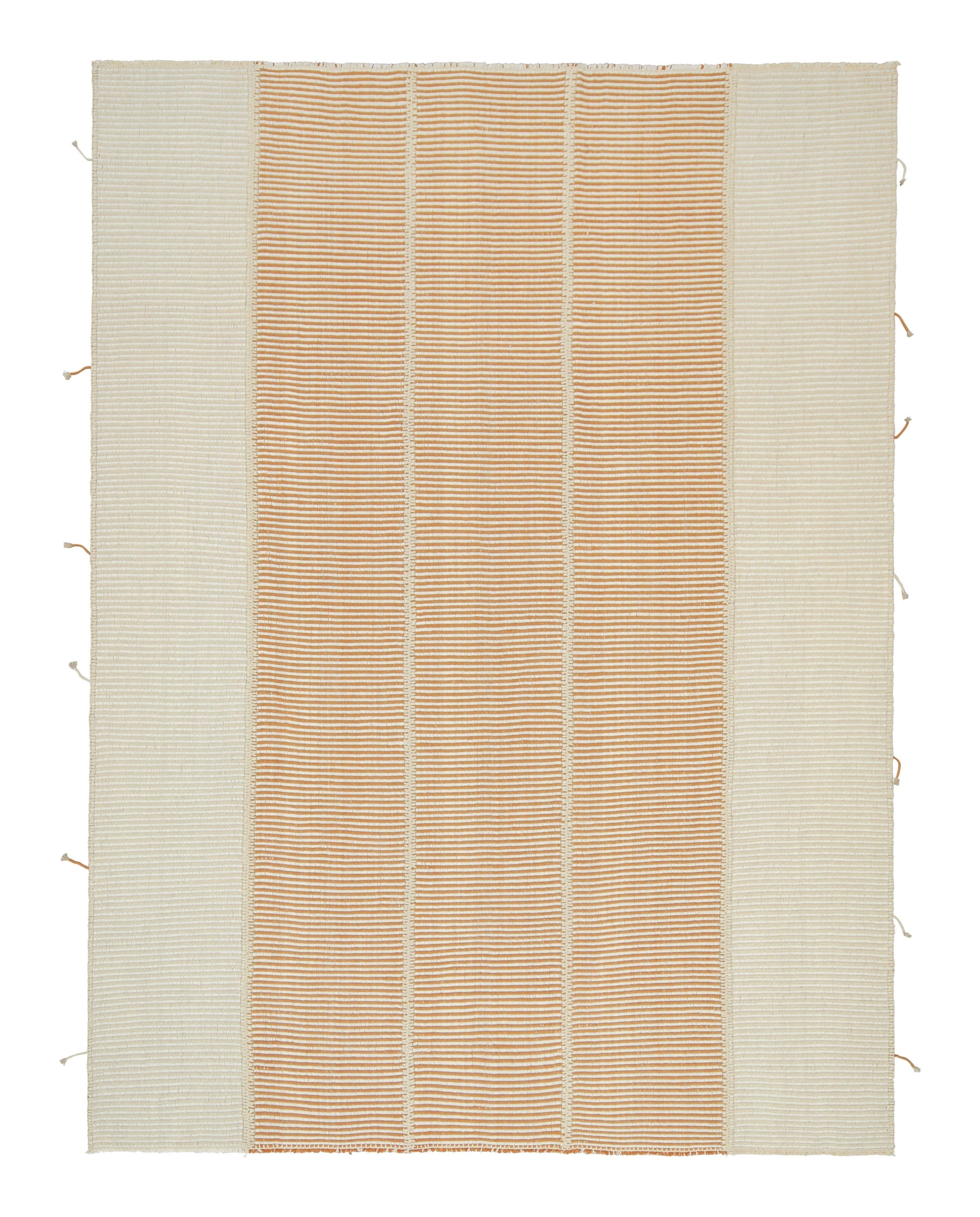 Rug & Kilim’s Contemporary Kilim in Rust Orange and Cream White Textural Stripes