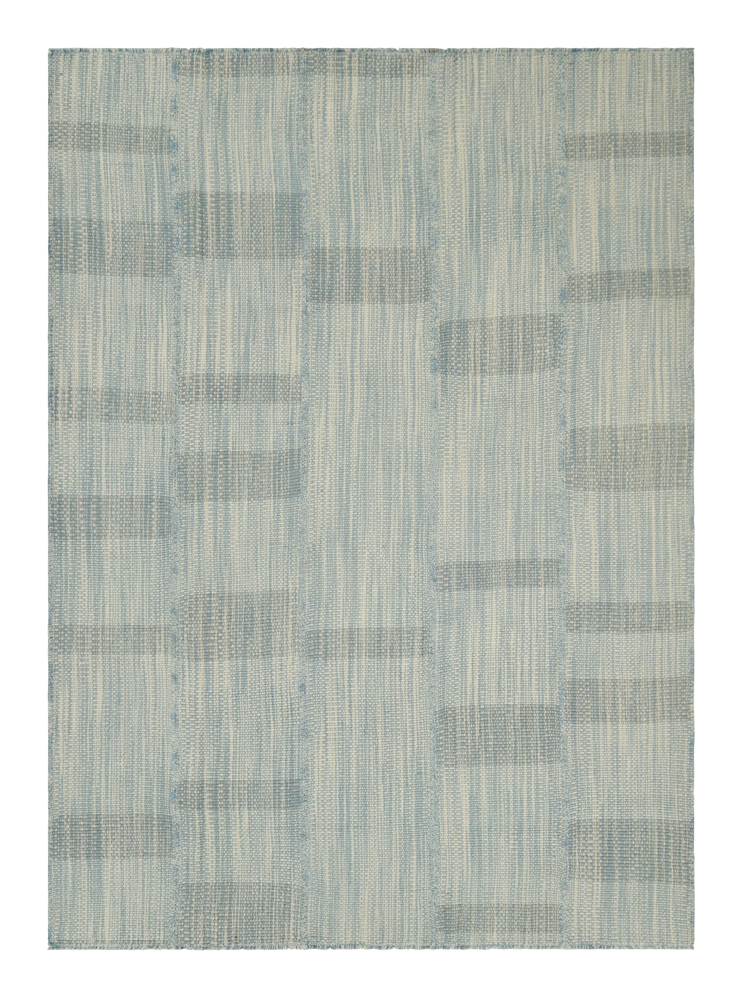 Rug & Kilim’s Contemporary Kilim in Textural Blue and Cream White Stripes