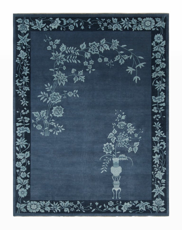 Rug & Kilim’s Chinese Art Deco Style Rug in Blue with Floral Patterns For Sale