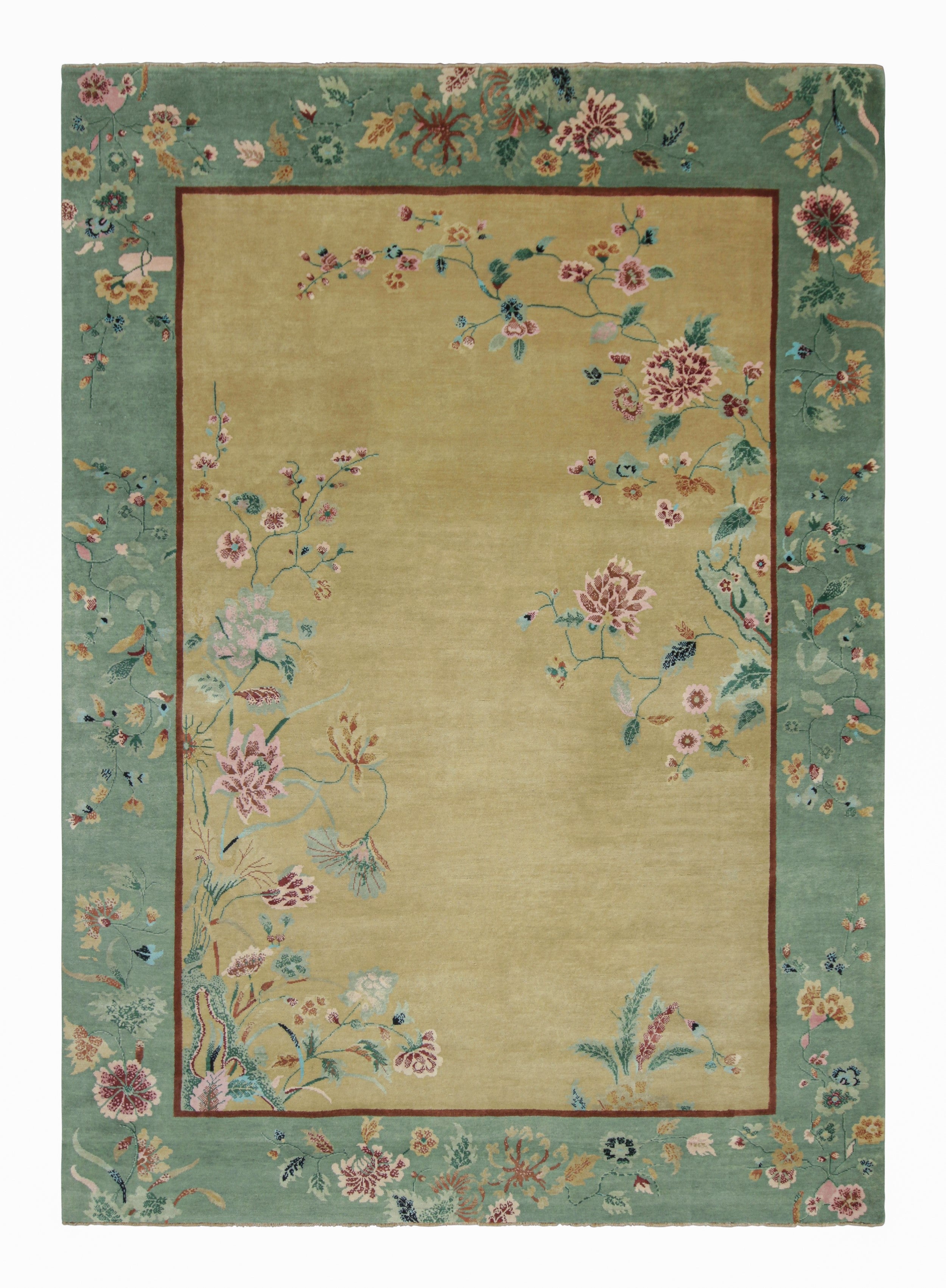 Rug & Kilim’s Chinese Art Deco Style Rug, Gold and Green with Floral Patterns For Sale