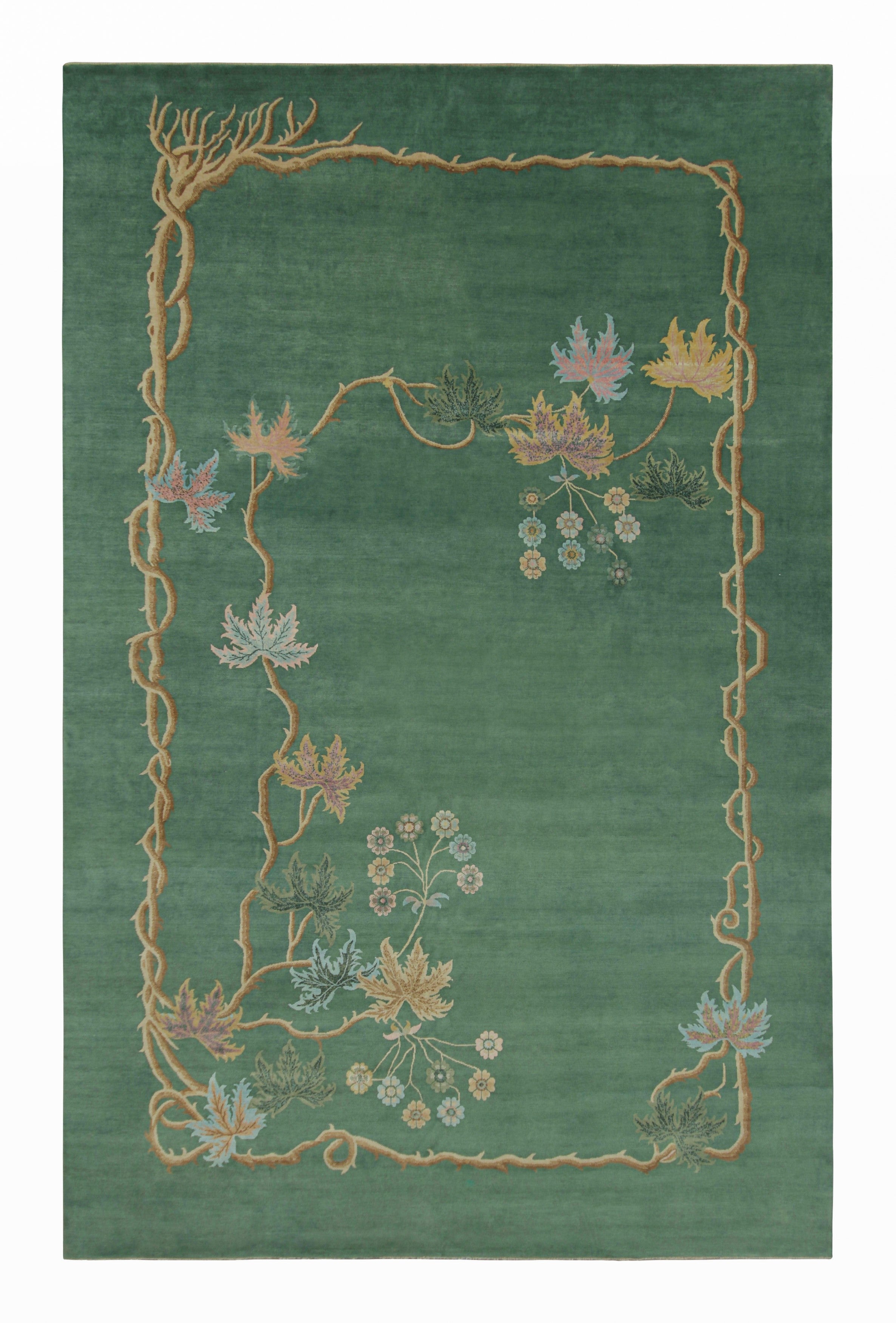 Rug & Kilim’s Oversized Chinese Art Deco Style Rug in Green with Floral Patterns
