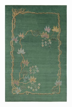Rug & Kilim’s Oversized Chinese Art Deco Style Rug in Green with Floral Patterns