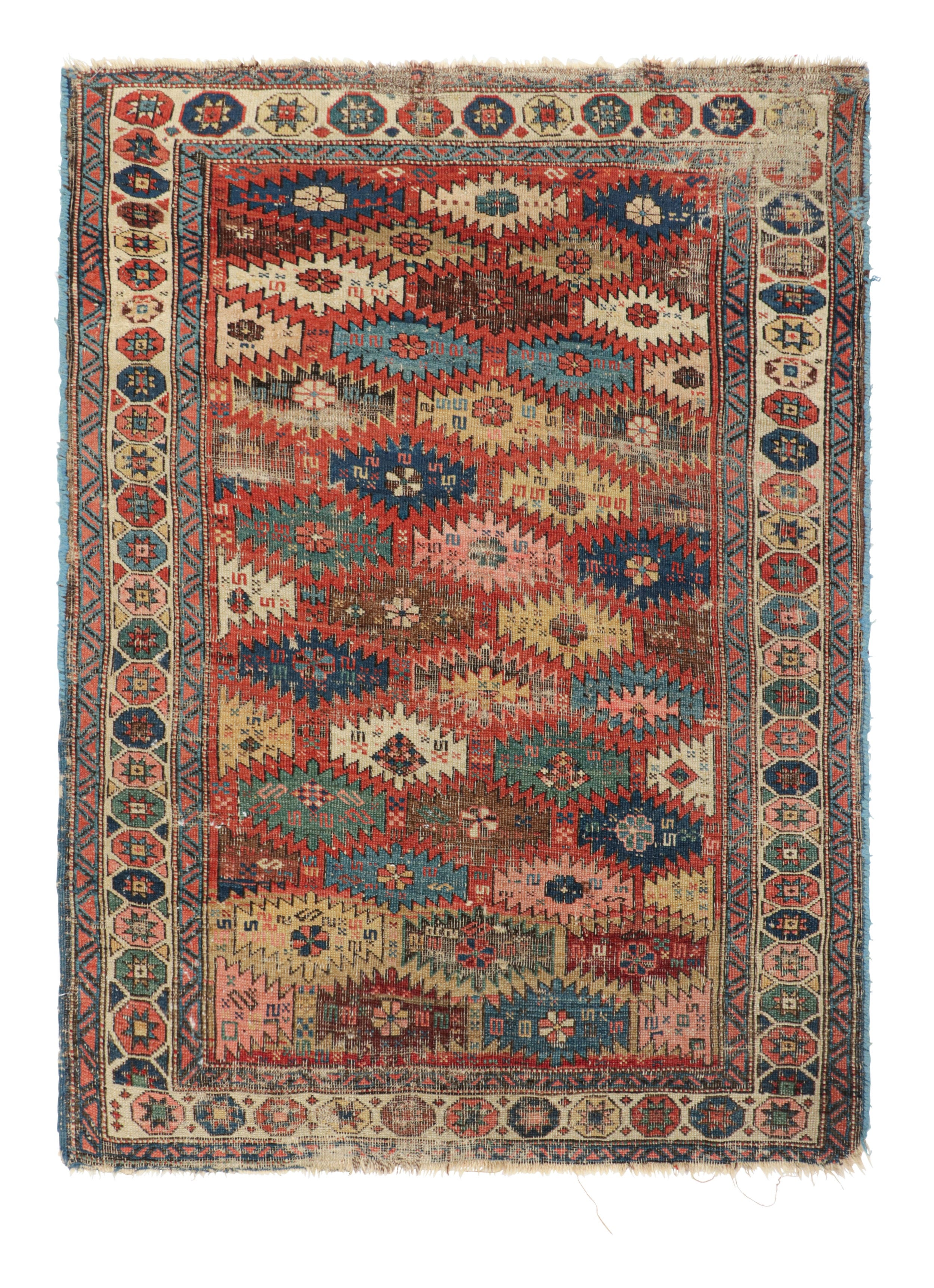 Antique Kuba Runner Rug in Red with Colorful Geometric Patterns - Rug & Kilim
