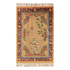 Rug & Kilim’s Chinese Art Deco Style Rug in Gold with Florals and Pictorials