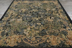 Rug & Kilim’s Armorial Tudor Style Rug in Black, with Beige, Blue and Gold Tones