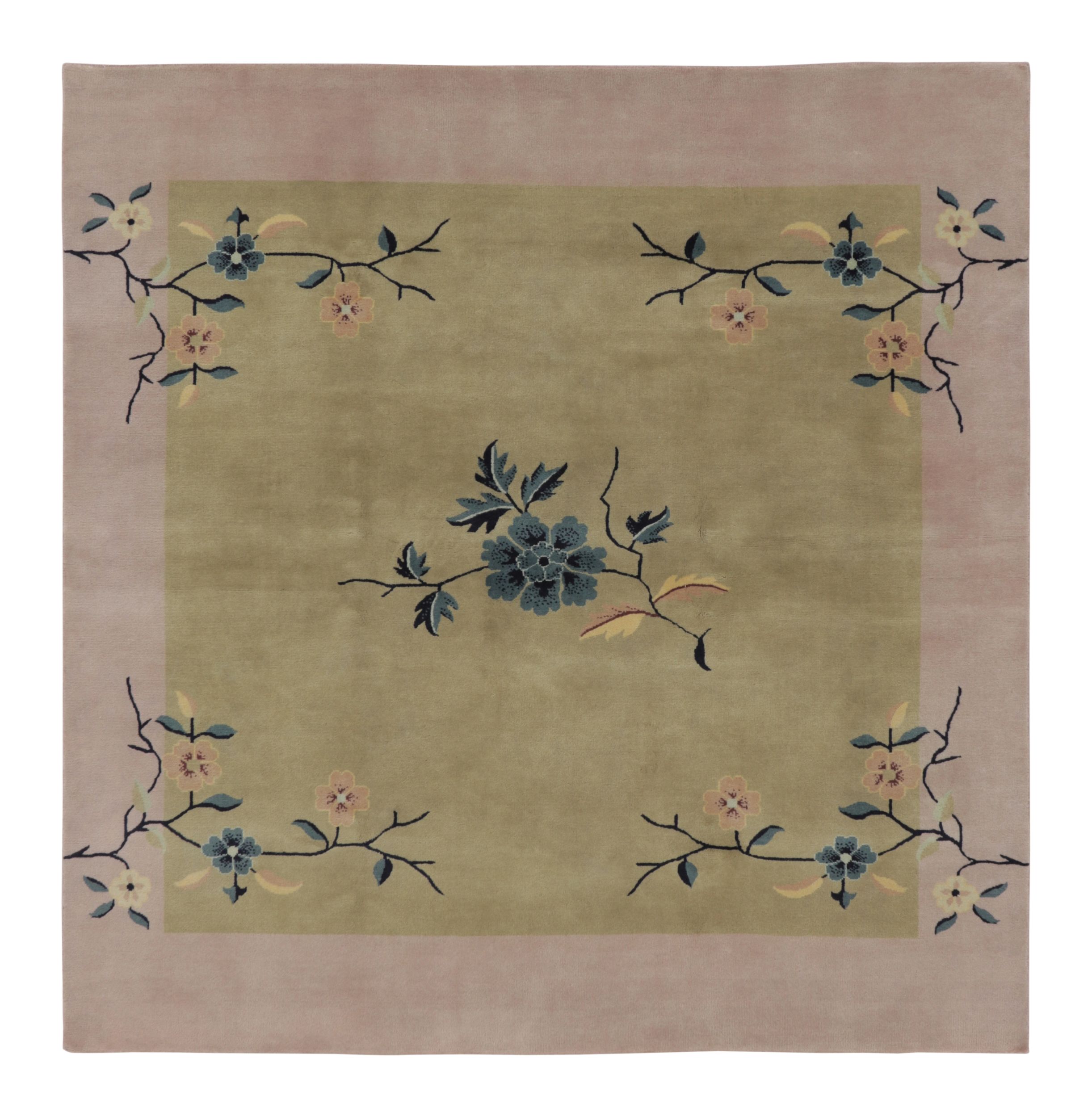 Rug & Kilim’s Chinese Art Deco-Inspired Custom Square Rug Design with Florals For Sale