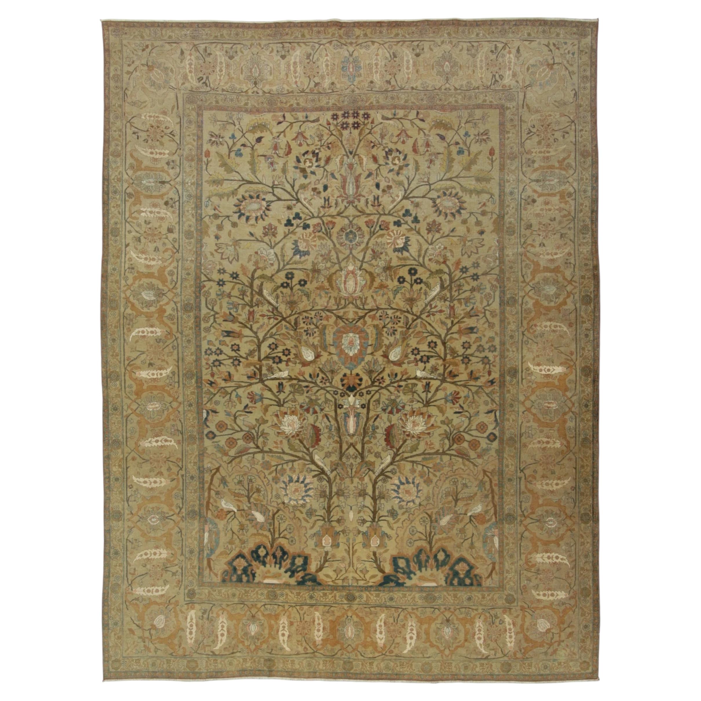 Antique Tehran Wool & Silk Rug Rug & Kilim, Gold Tree of Life, 1900-1919