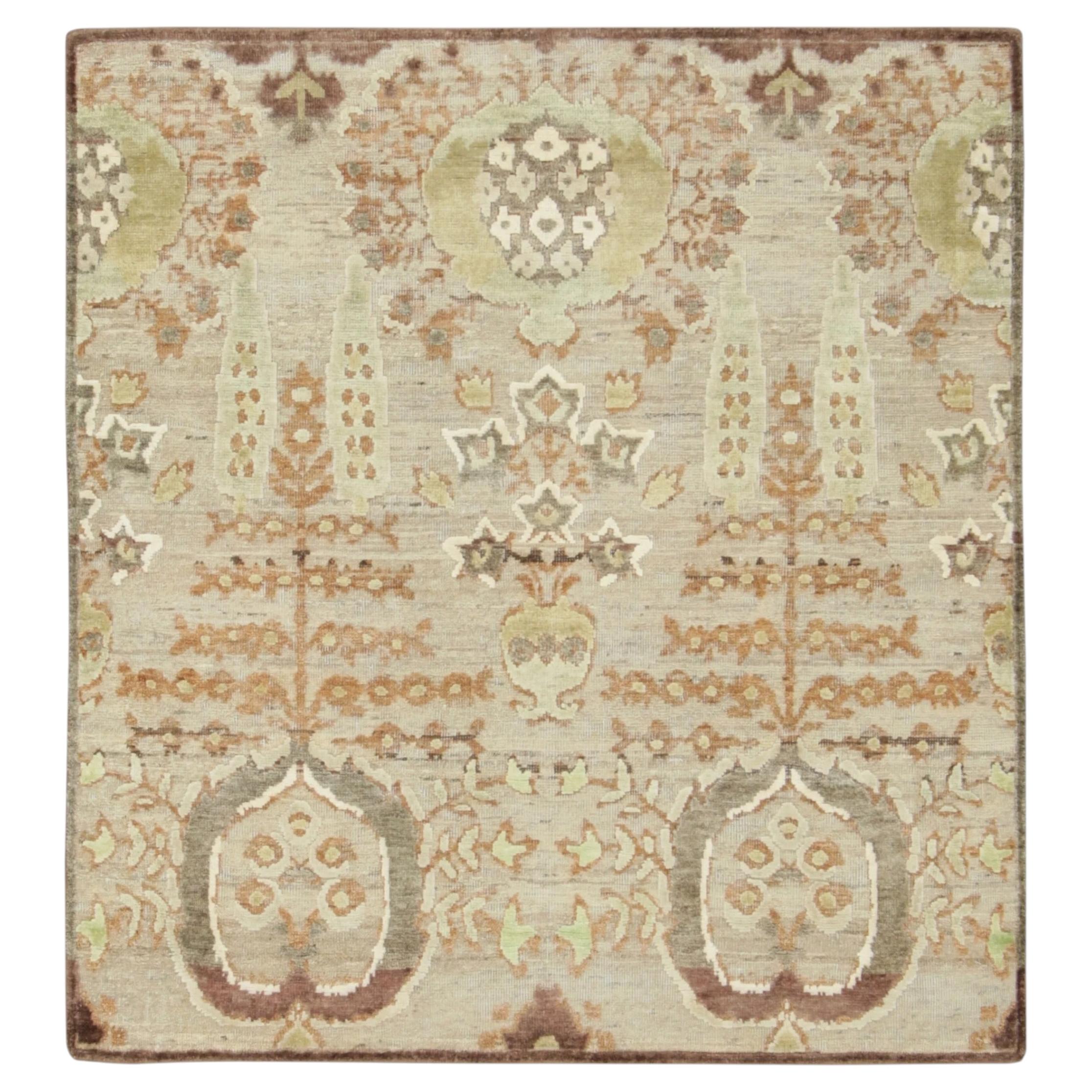 Contemporary Block Print Floral Natural Silk Runner by Rug & Kilim, India
