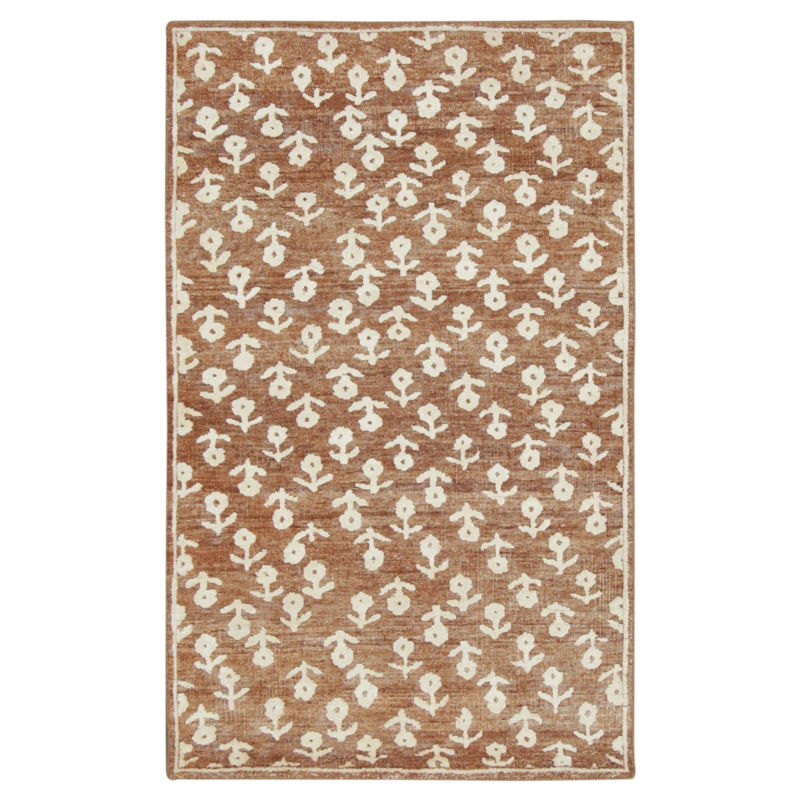 Contemporary Block Print Floral Natural Silk Runner by Rug & Kilim, India