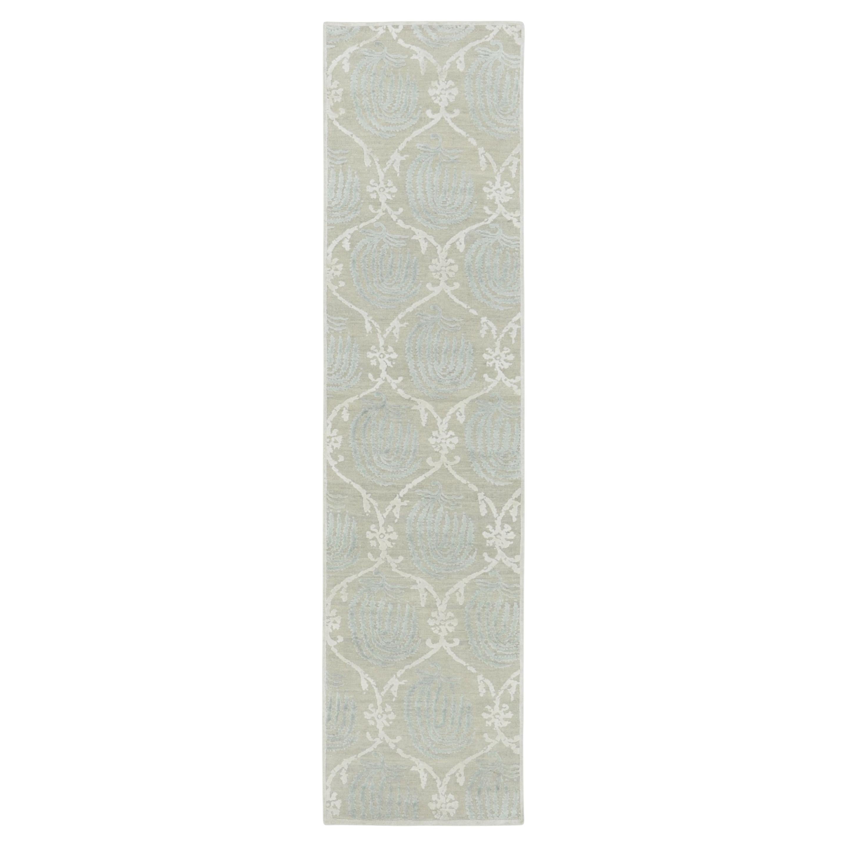 Contemporary Block Print Floral Natural Silk Runner by Rug & Kilim, India