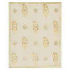 Contemporary Block Print Paisley Natural Silk Rug by Rug & Kilim, India