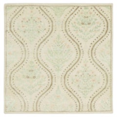 Contemporary Block Print Floral Natural Silk Square Rug by Rug & Kilim, India