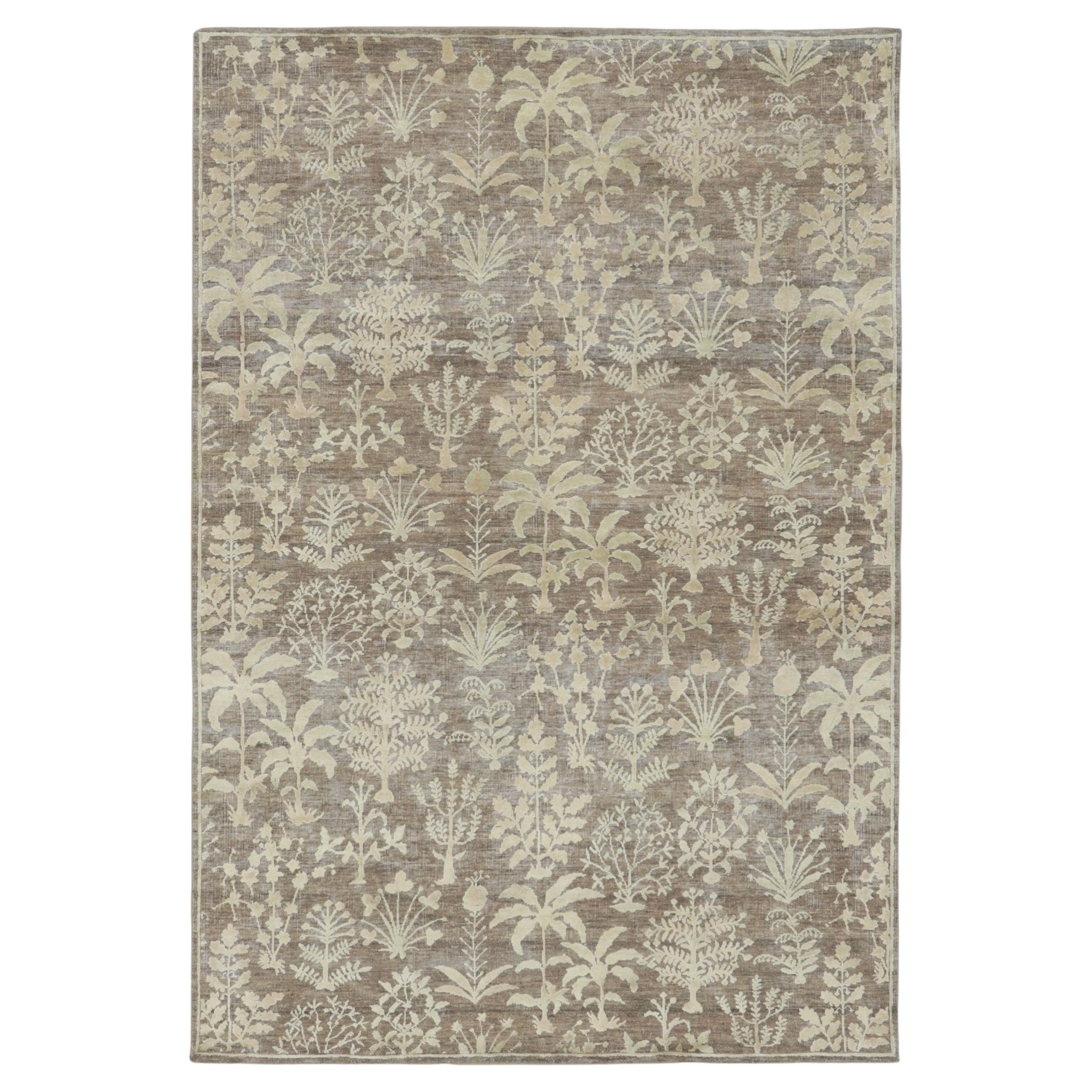 Contemporary Block Print Floral Natural Silk Rug by Rug & Kilim, India