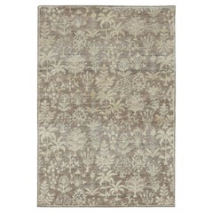 Contemporary Block Print Floral Natural Silk Rug by Rug & Kilim, India