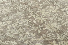 Contemporary Block Print Floral Natural Silk Rug by Rug & Kilim, India