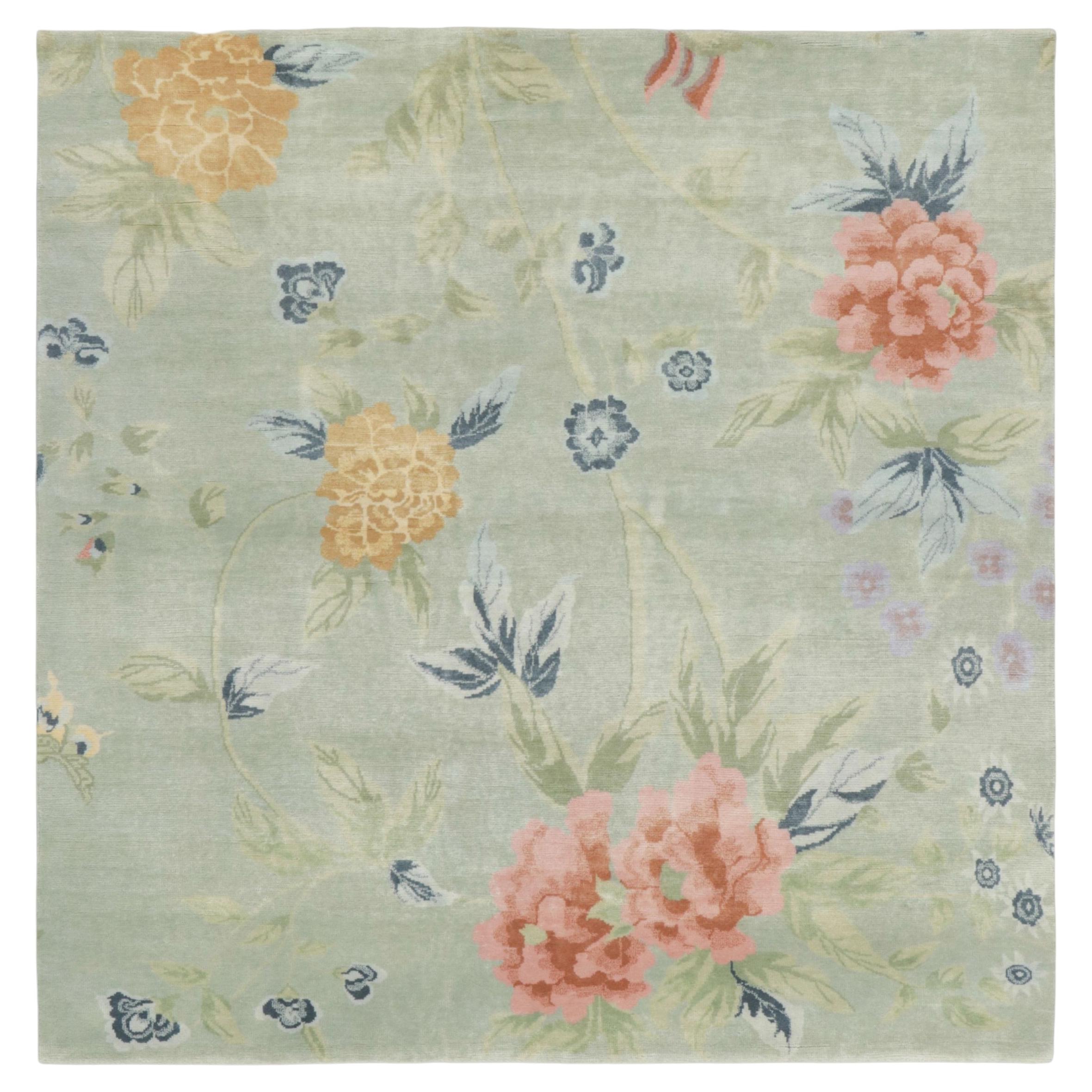 Chinese Art Deco Style Square Floral Wool Rug by Rug & Kilim, India