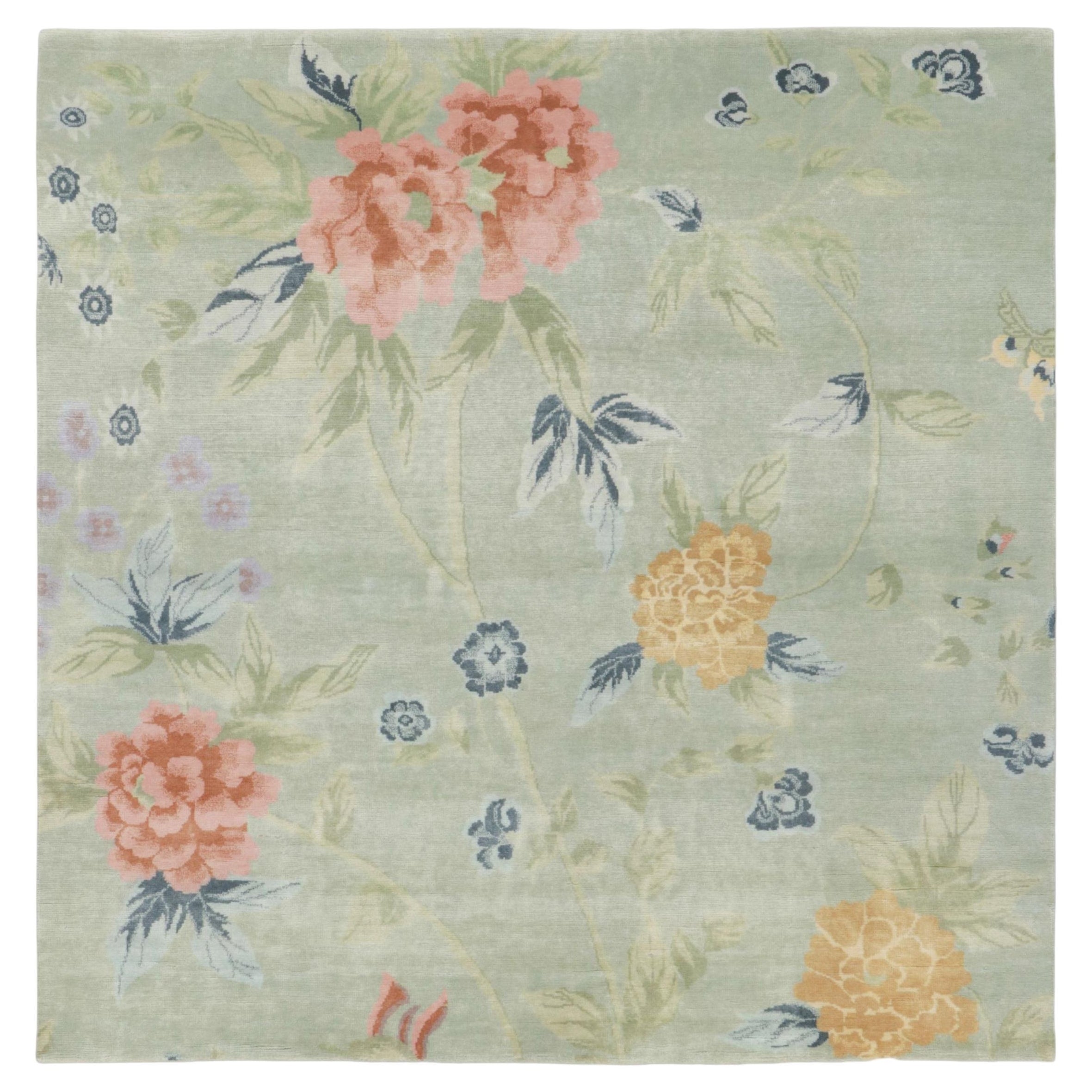 Chinese Art Deco Style Square Floral Wool Rug by Rug & Kilim, India For Sale