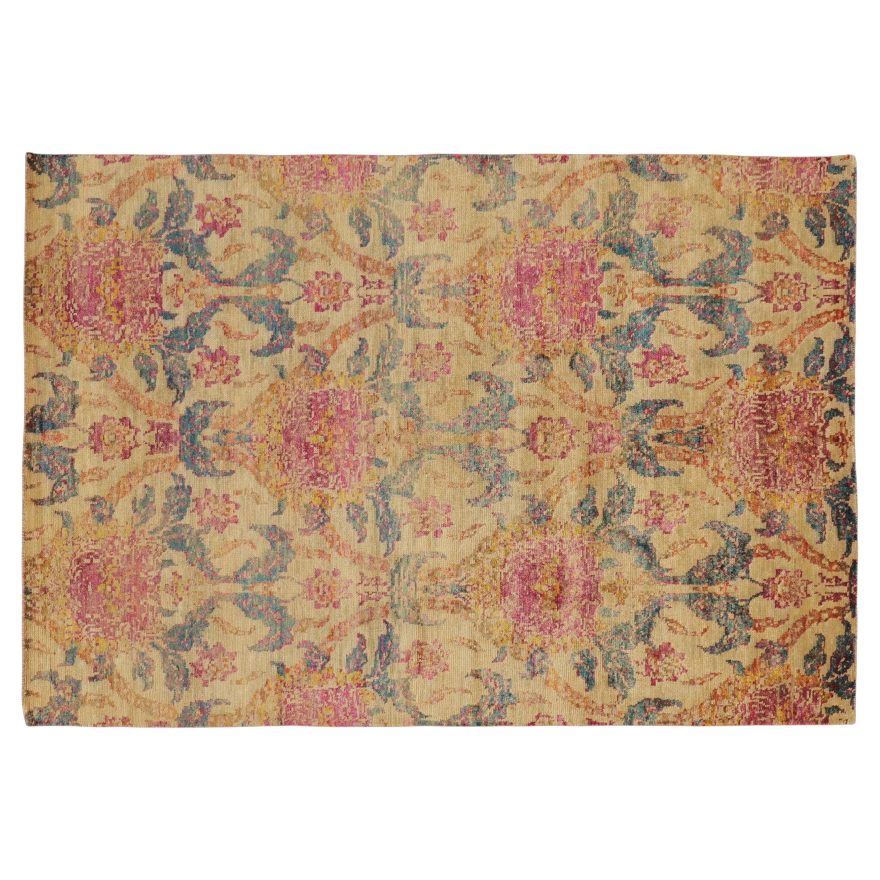 Contemporary Transitional Floral Natural Silk Rug, by Rug & Kilim, India