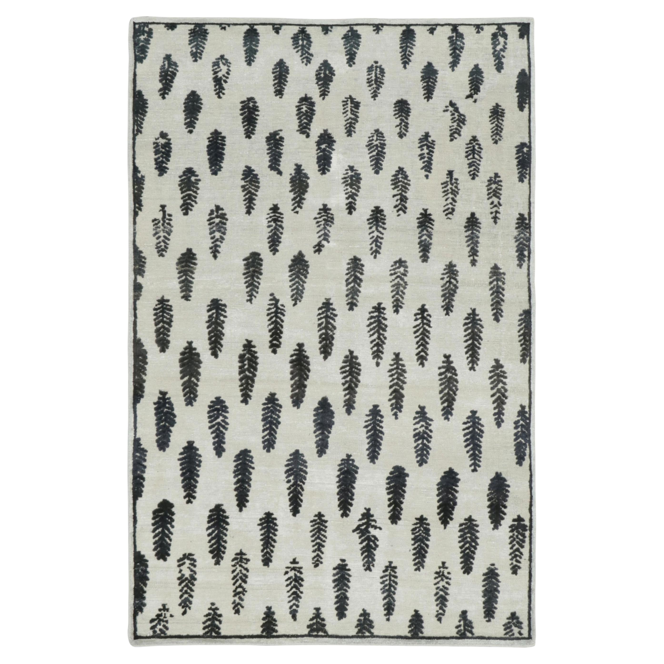 Rug & Kilim's Block Print Rug with Textural Botanical Motif in Ivory & Black