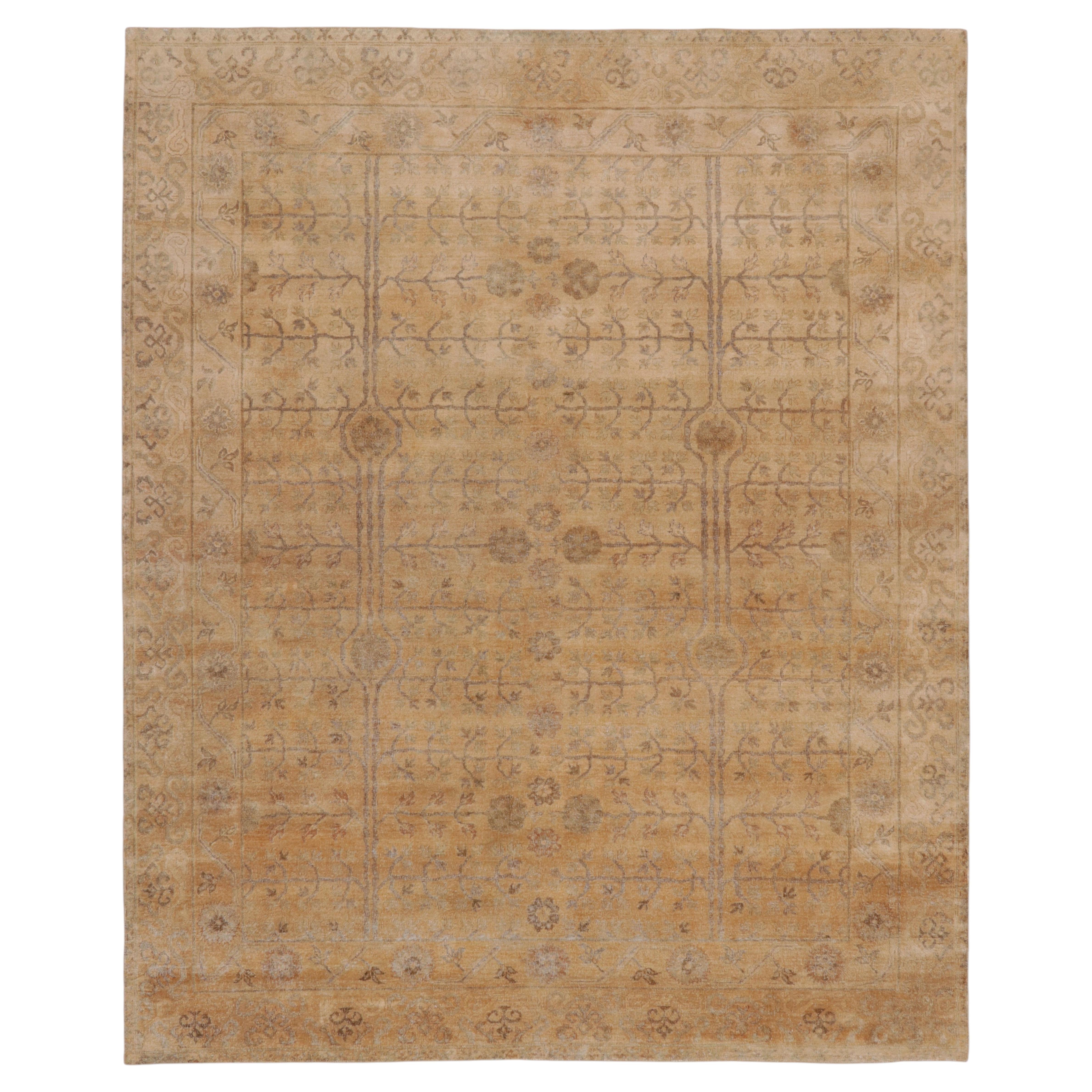 Contemporary Floral Natural Silk Rug in Beige by Rug & Kilim, India