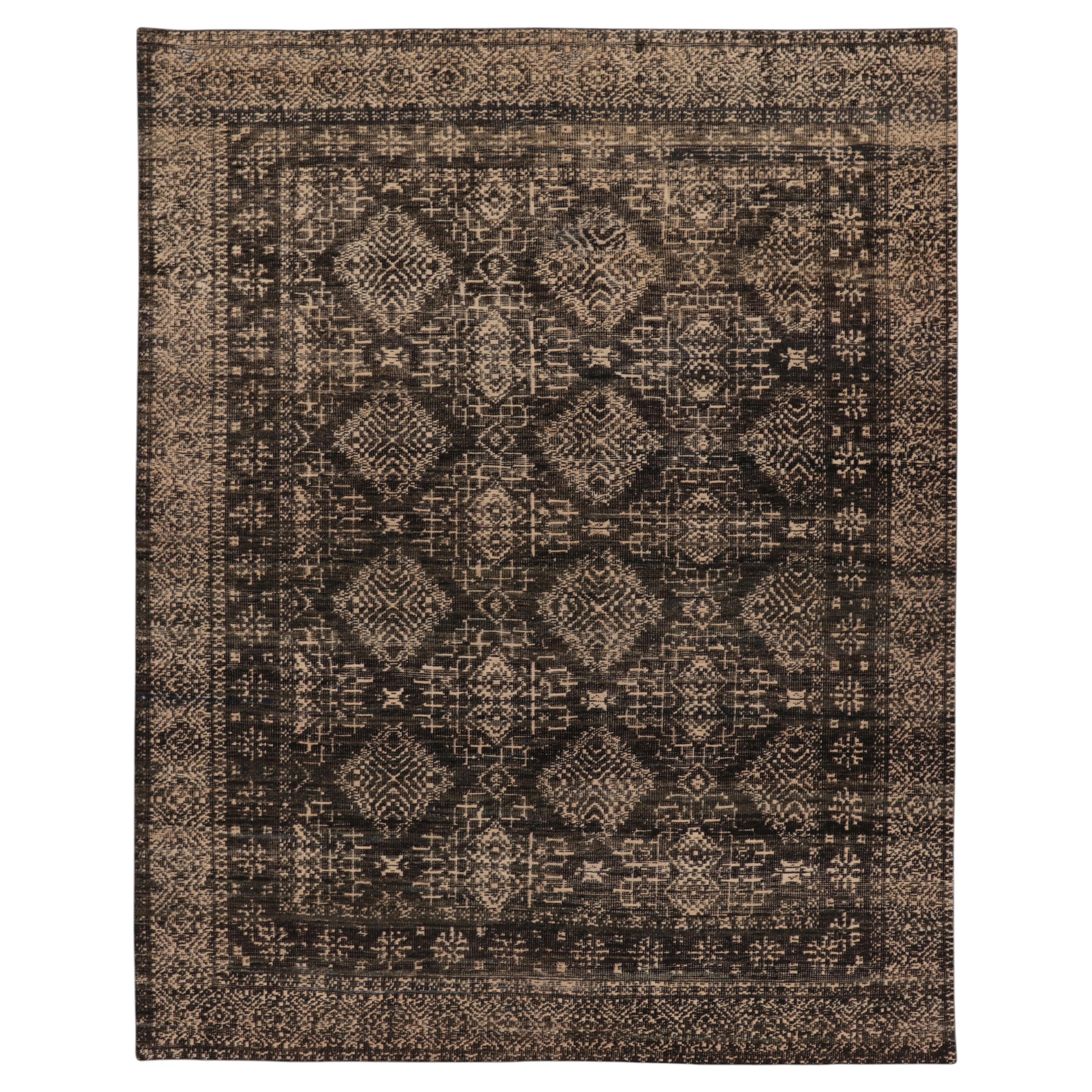 Contemporary Geometric Wool Rug in Black & Beige by Rug & Kilim, India