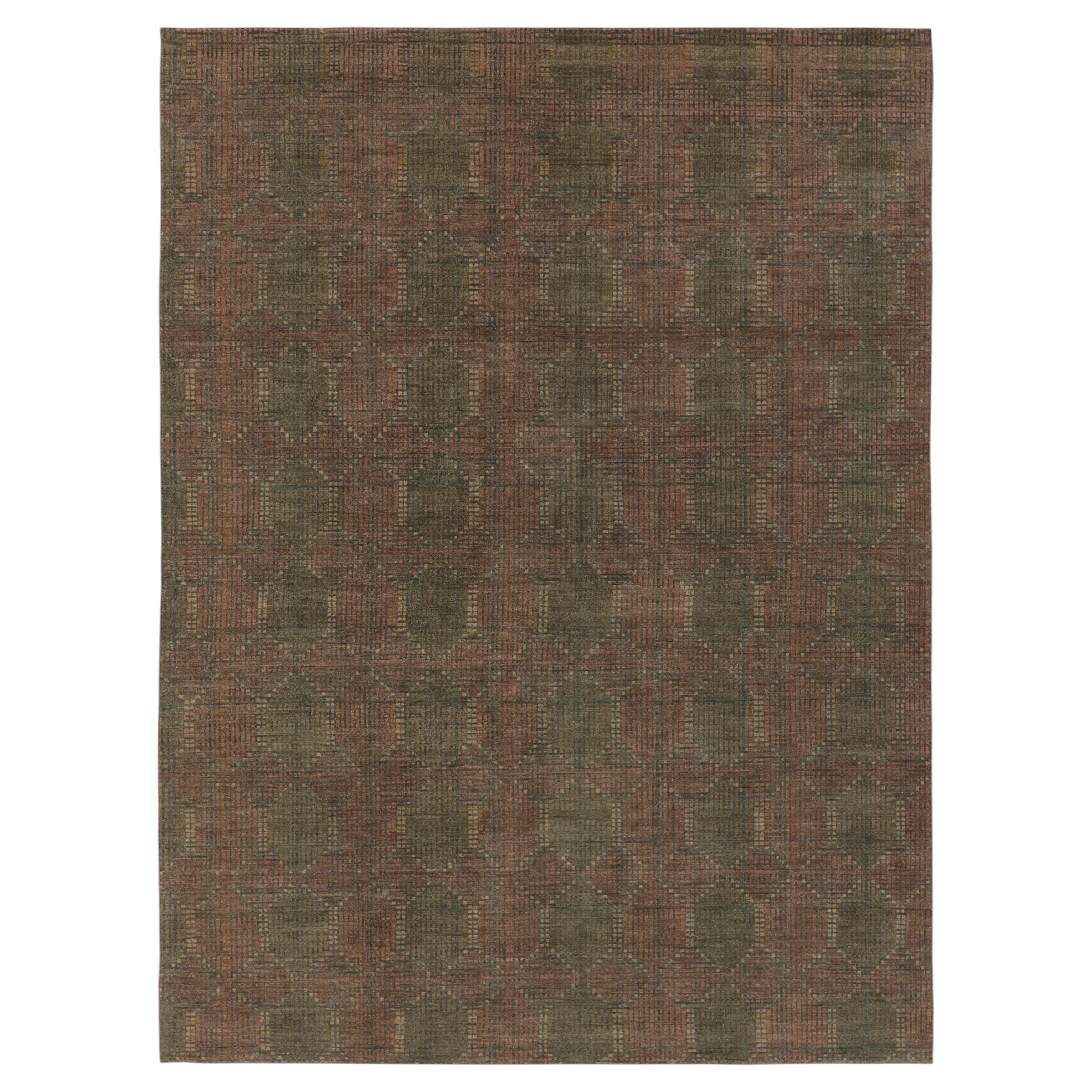 Contemporary Geometric Wool Rug in Green & Brown by Rug & Kilim, India