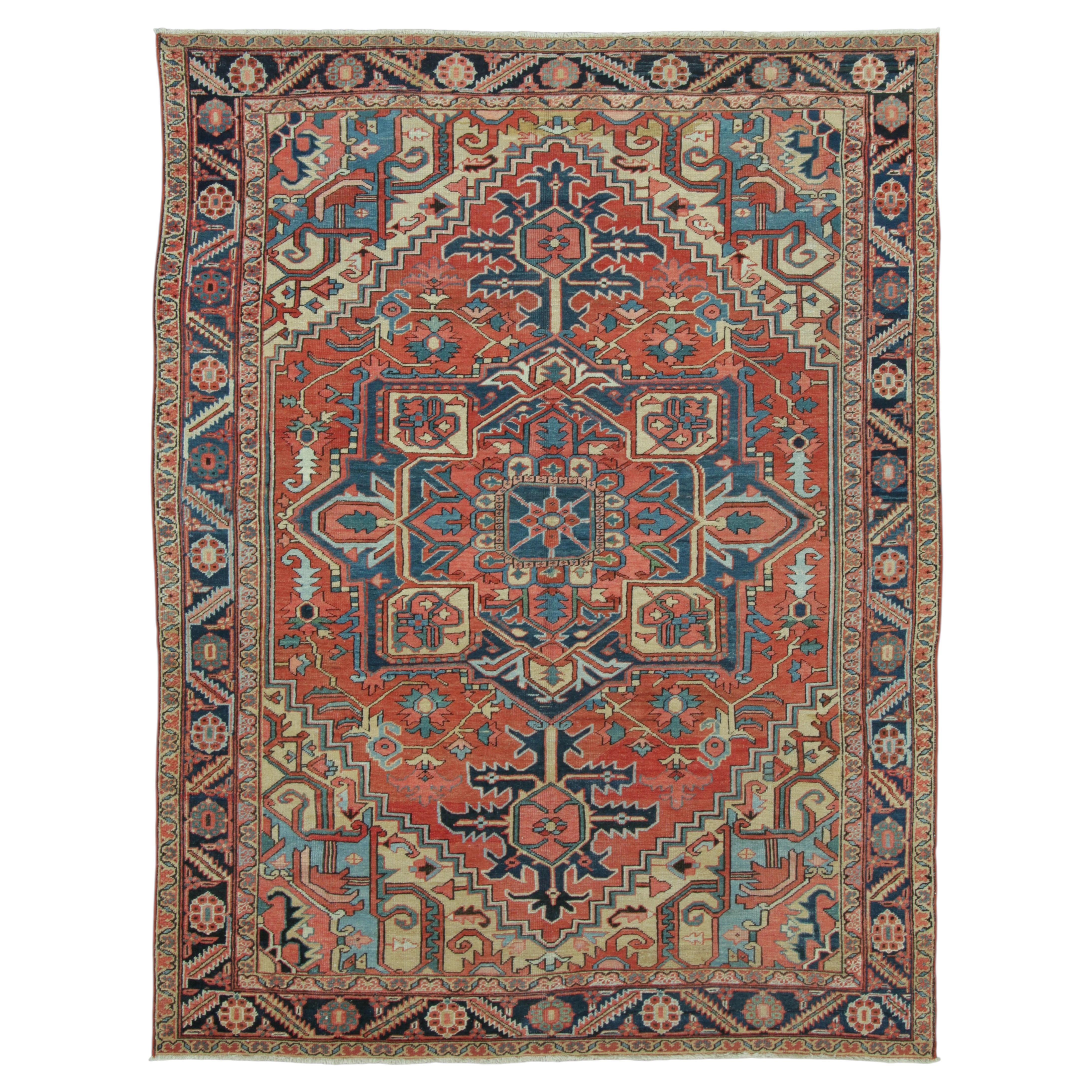 Antique Persian Heriz Rug with Geometric Medallion in Red & Blue - Rug & Kilim