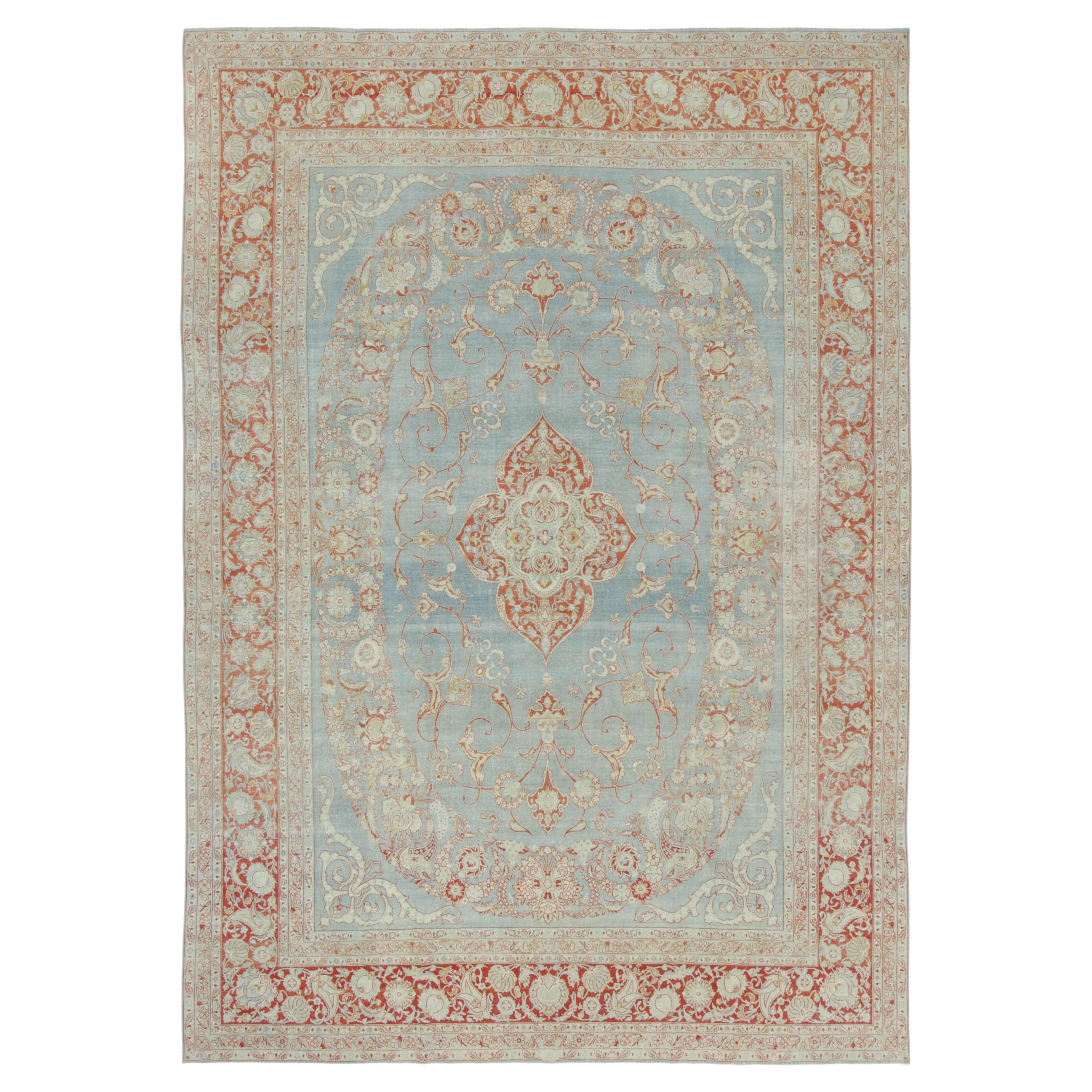 Antique Floral Rug with Sky Blue Field and Coral Medallion - Rug & Kilim