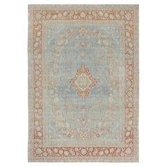 Antique Floral Rug with Sky Blue Field and Coral Medallion - Rug & Kilim