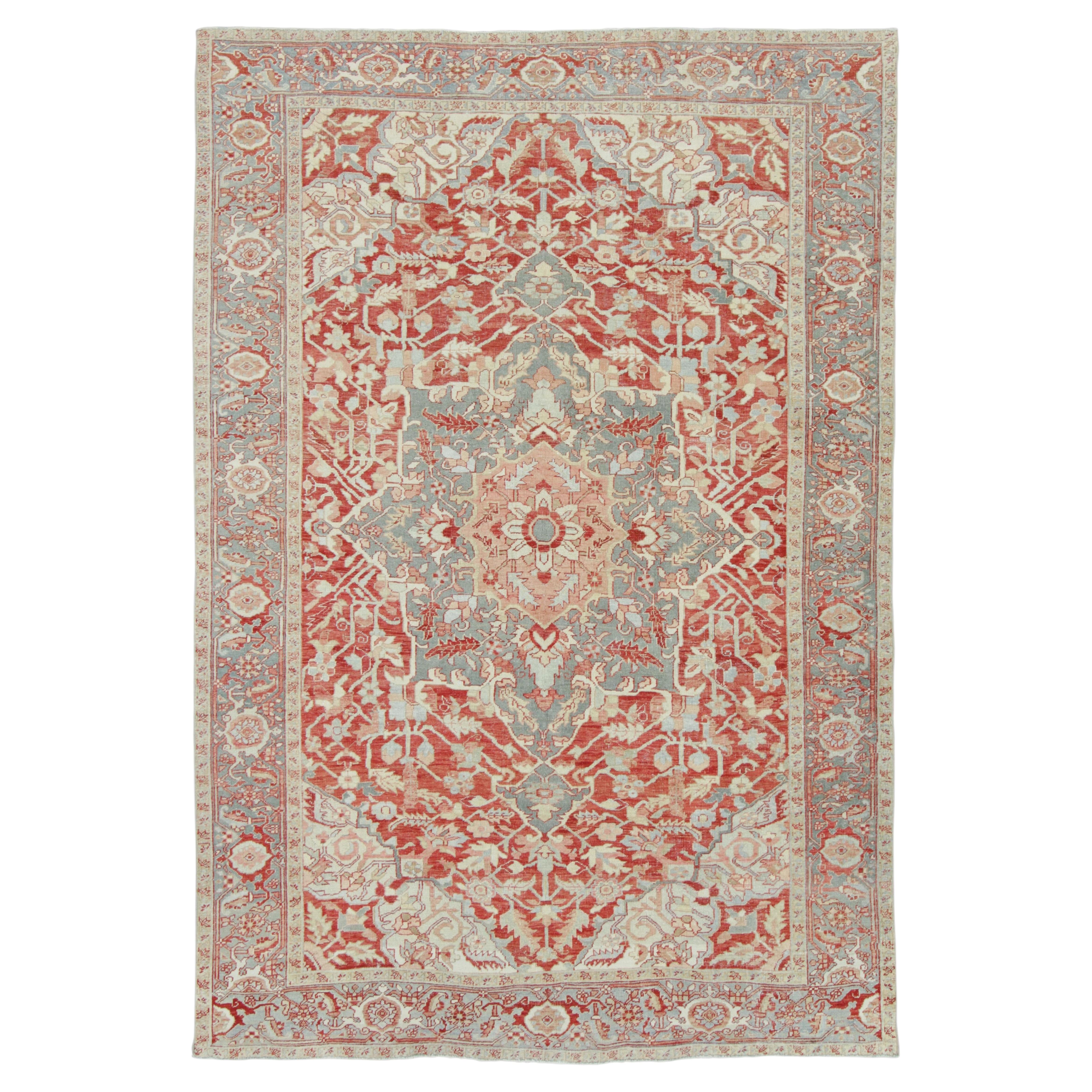 Antique Heriz Rug in Red and Teal Floral Design - Rug & Kilim