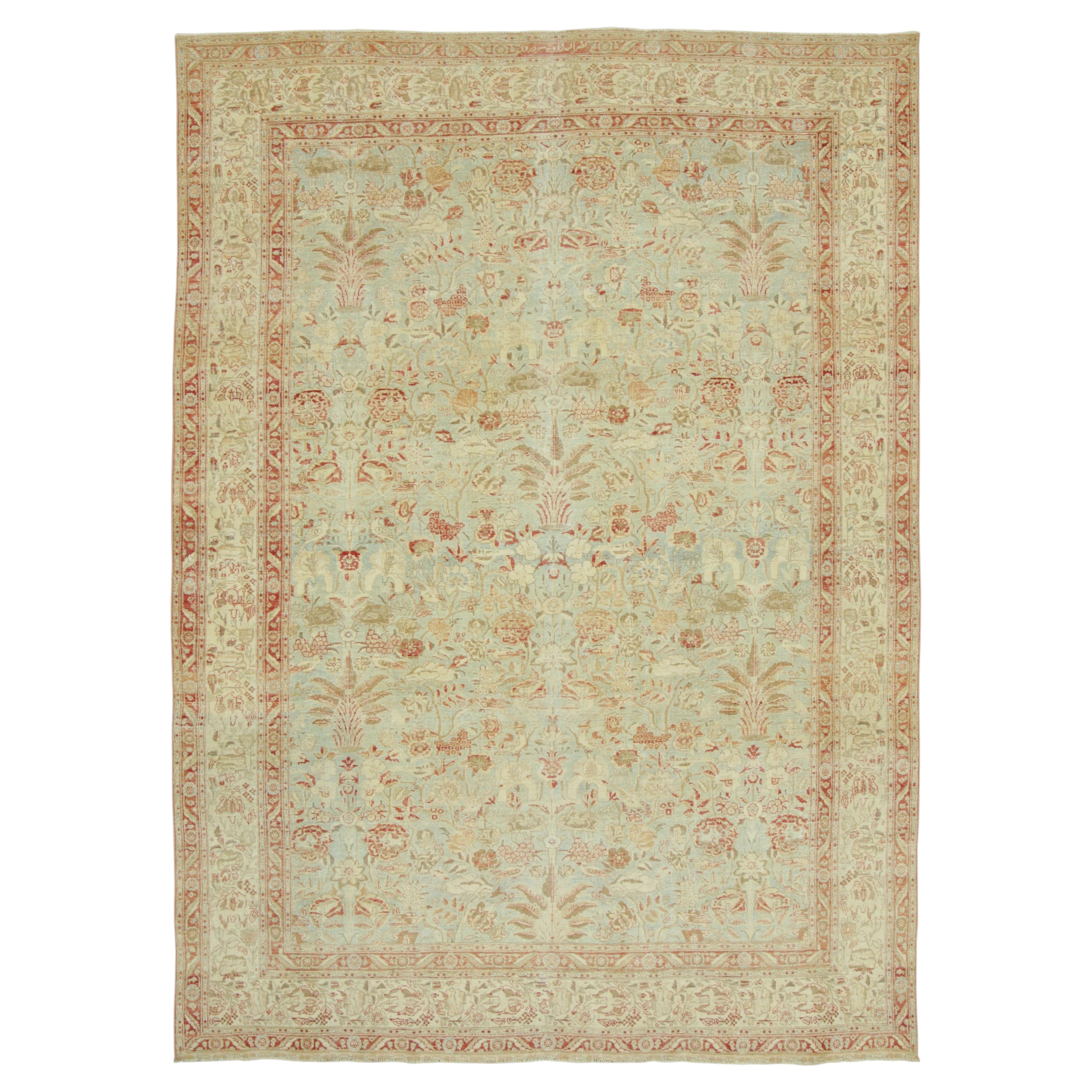 Antique Tabriz Rug in Green and Terracotta Floral Design - Rug & Kilim