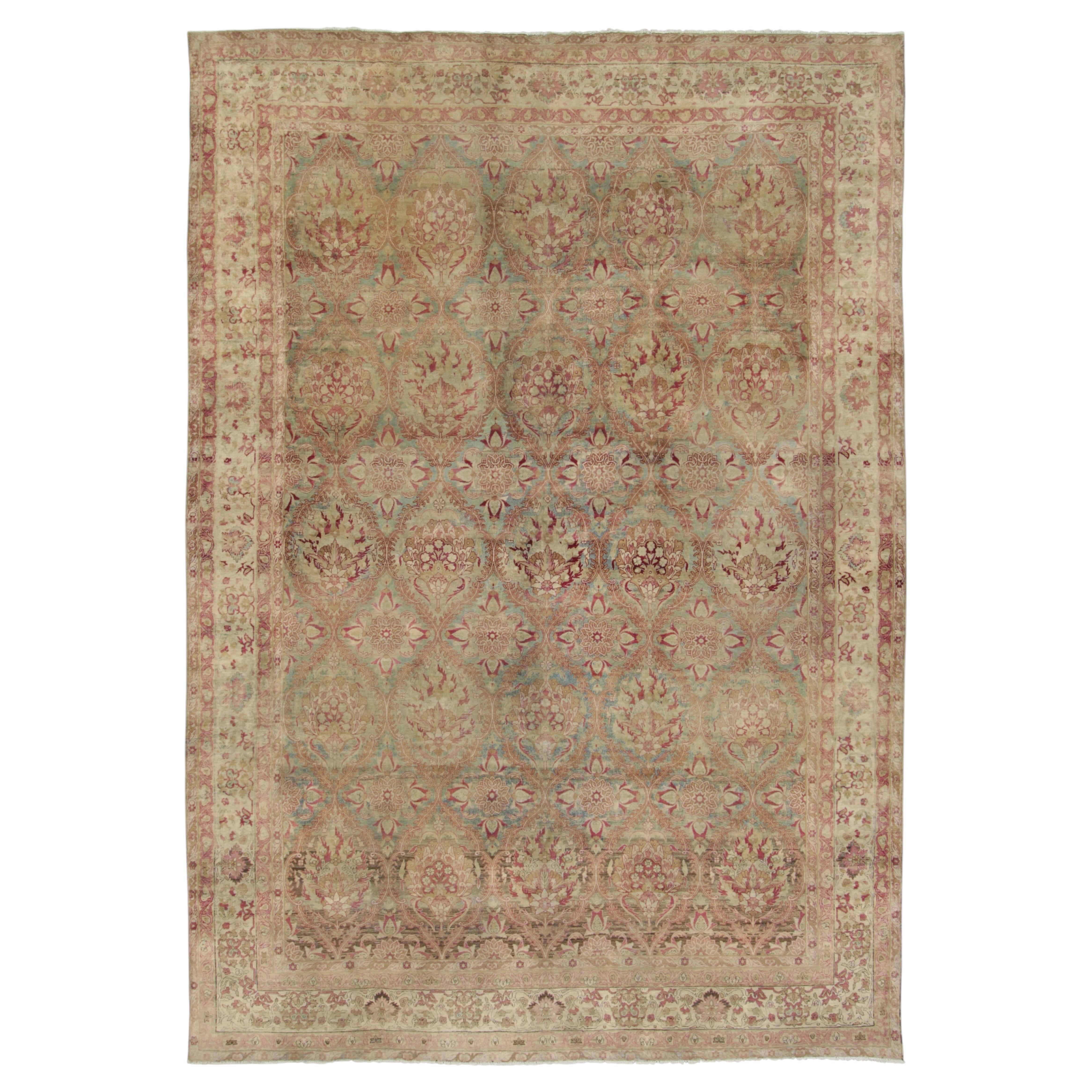 Antique Distressed Kerman Rug, Floral Lattice in Red & Beige Tones - Rug & Kilim