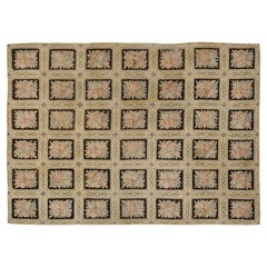 Antique Hooked Rug in Gold with Floral Garden Lattice Design - Rug & Kilim