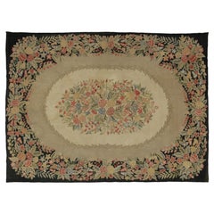 Antique Hooked Rug with Oval Floral Medallion & Botanical Border - Rug & Kilim