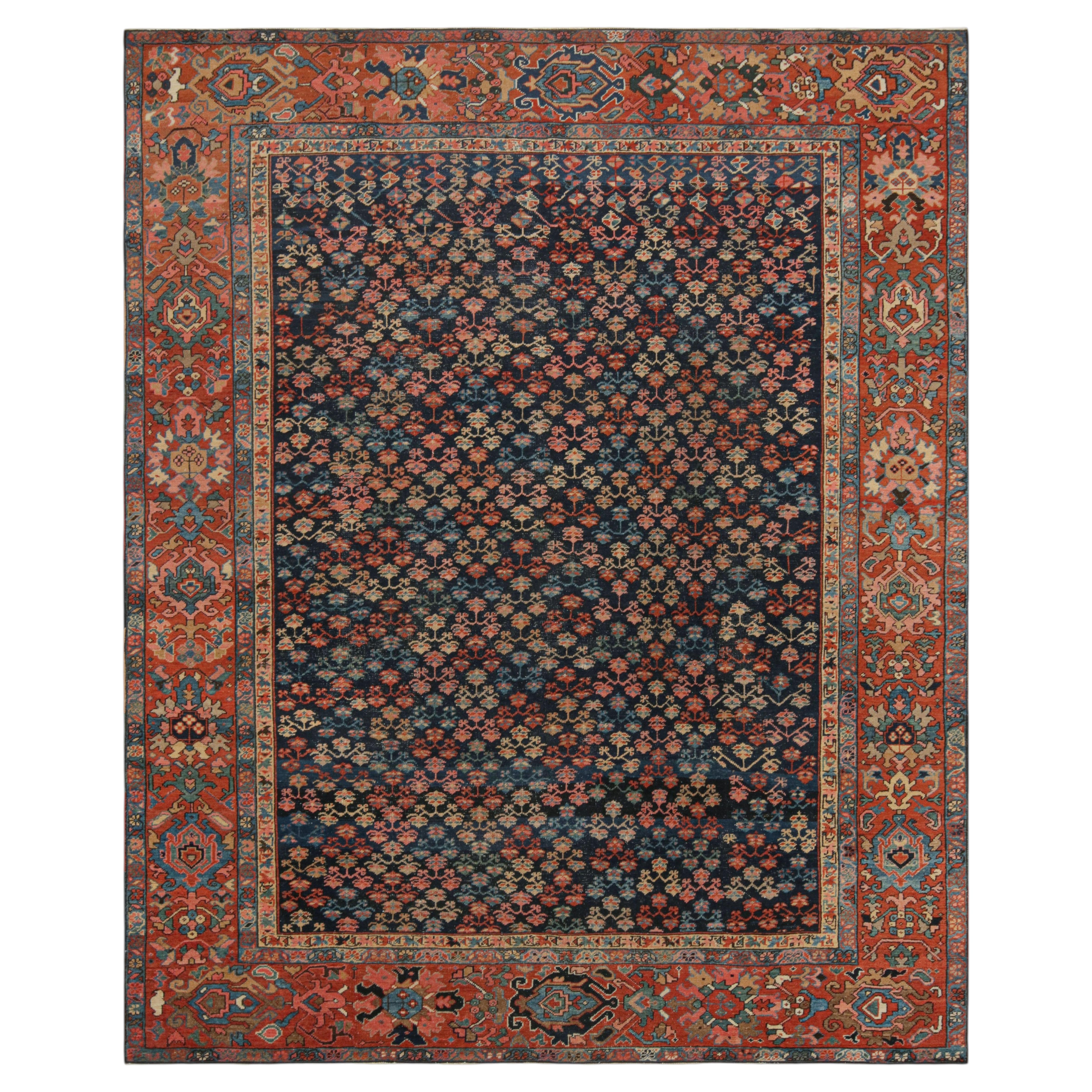 Antique Bakshaish Rug in Navy Blue with Floral Patterns from Rug & Kilim