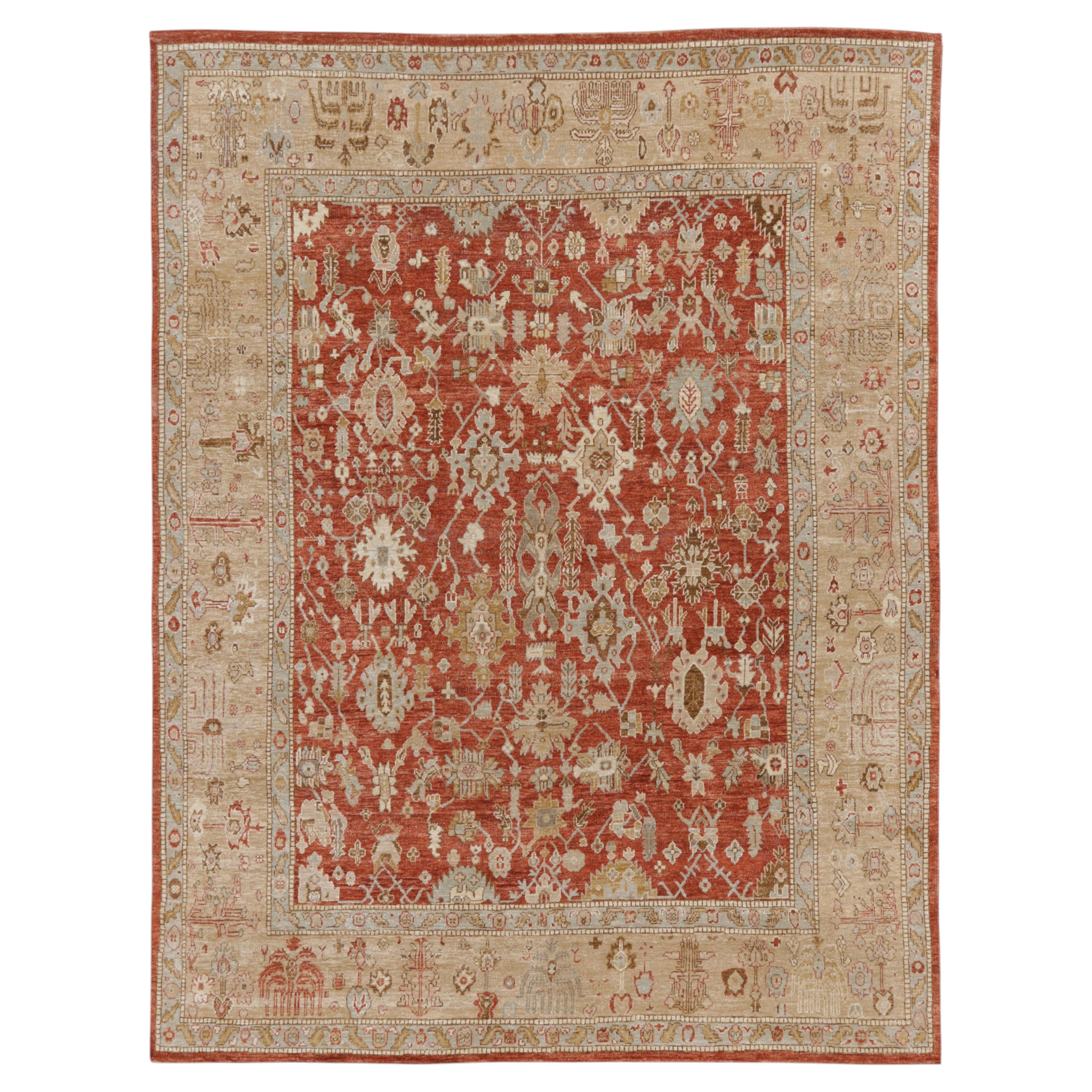 Tappeto Oushak contemporaneo di grandi dimensioni con motivi floreali, in lana e seta naturale, di Rug & Kilim
