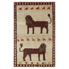 Vintage Gabbeh Rug, Beige with Brown Animal Pictorials - Rug & Kilim