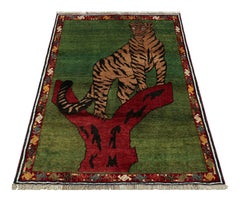 Vintage Gabbeh Persian Rug, Green with Tribal Tiger Pictorial - Rug & Kilim