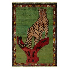 Vintage Gabbeh Persian Rug, Green with Tribal Tiger Pictorial - Rug & Kilim