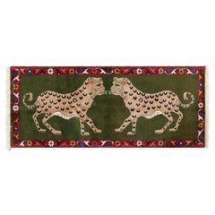 Vintage Gabbeh Runner Rug in Green with Leopard Pictorials - Rug & Kilim