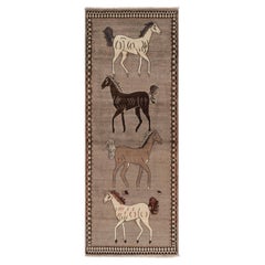 Vintage Gabbeh Runner Rug, Beige & Brown Horse Pictorials - Rug & Kilim