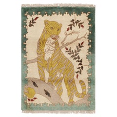 Vintage Gabbeh Rug, Cream with Gold Lion Pictorial - Rug & Kilim