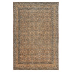 Antique Kashan Rug, Brown and Blue with Floral Patterns - Rug & Kilim