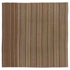 Vintage Turkish Kilim, Square Rug in Neutral Beige-Brown Stripes - Rug & Kilim