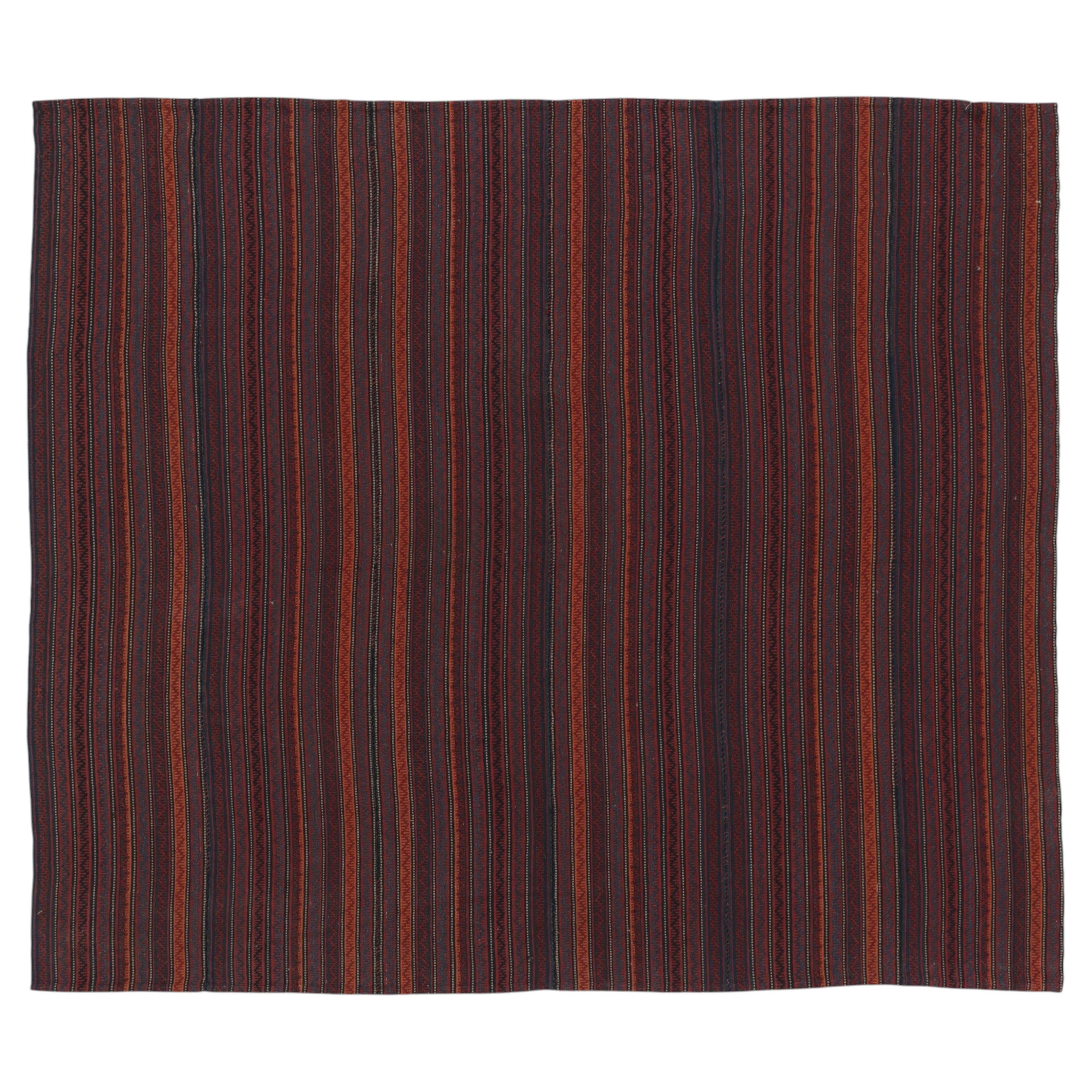 Vintage Turkish Kilim in Red and Blue Stripes with Geometric Motifs - Rug & Kili