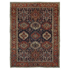 Antique Turkish Heriz Karaja Rug, Triple Medallion in Red and Navy - Rug & Kilim