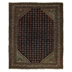 Vintage Turkish Malayer Rug in Midnight Blue and Salmon with Floral Pattern